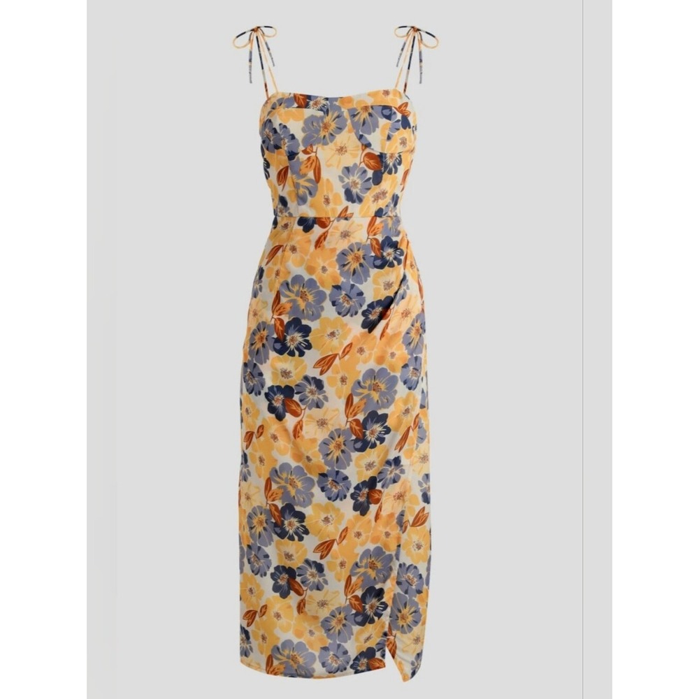 Cider Floral Tie Strap Ruched Side Slit Midi Dress Yellow Blue Brown